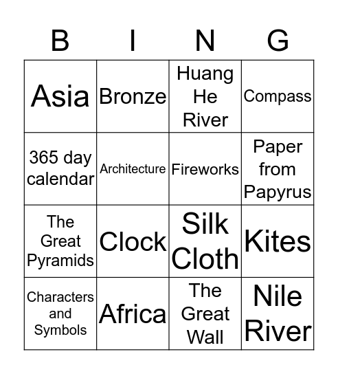 Ancient China and Ancient Egypt Bingo Card