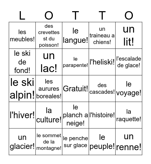 Destinations d'hiver Bingo Card