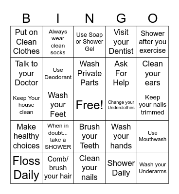 Personal Hygiene Bingo Card