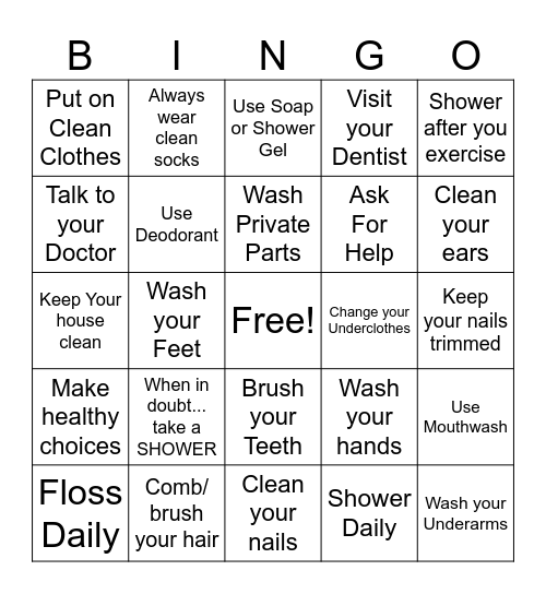 Personal Hygiene Bingo Card