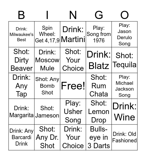 Juston's Pub Crawl Bingo Card