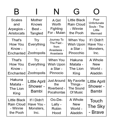 Disney Music Bingo Card