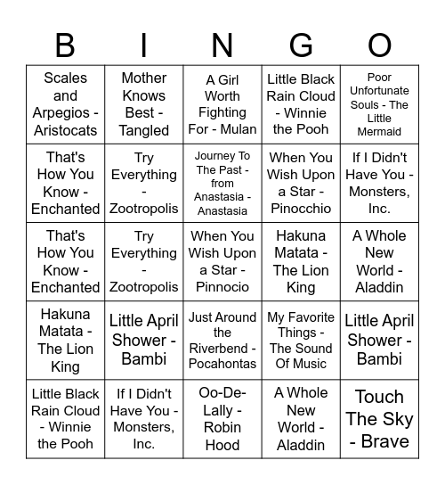 Disney Music Bingo Card