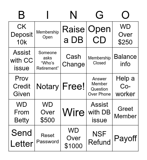 Tina's Retirement Bingo Card