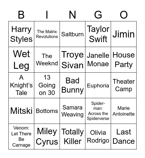 2023 Film, Party Scenes, & 2023 Hits Bingo Card