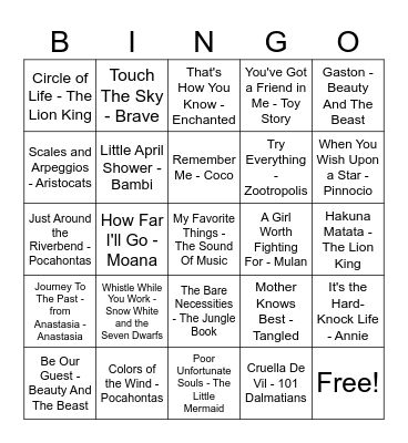 Disney Music Bingo Card