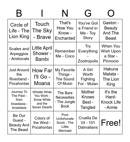 Disney Music Bingo Card