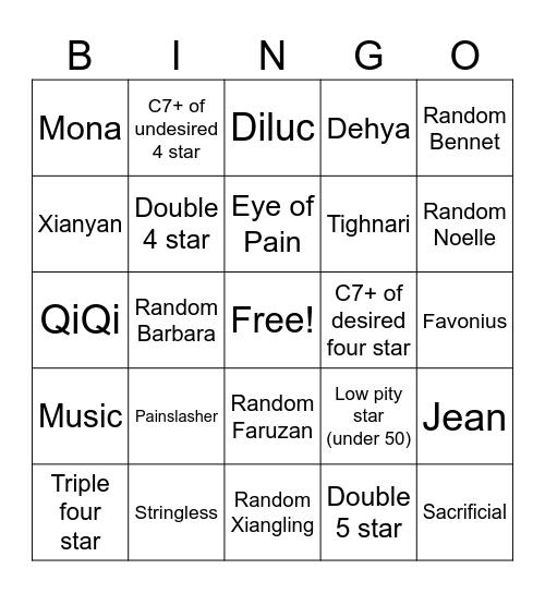 Genshin General Wish Bingo Card