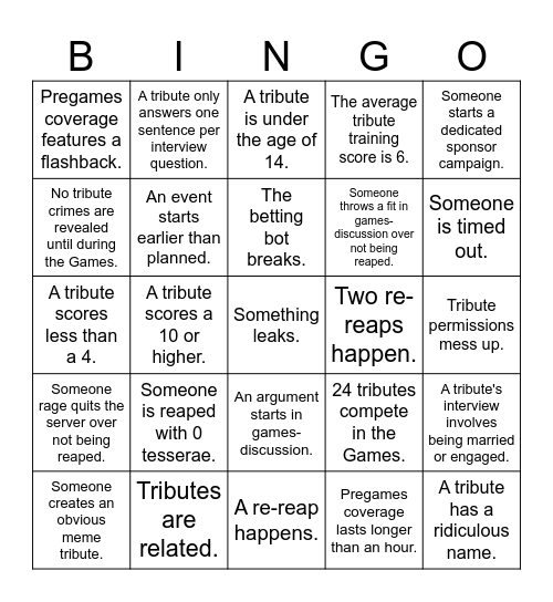 15th Discord Hunger Games Pregames Bingo Card