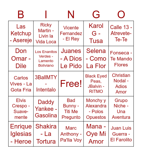 Latin Bingo Card