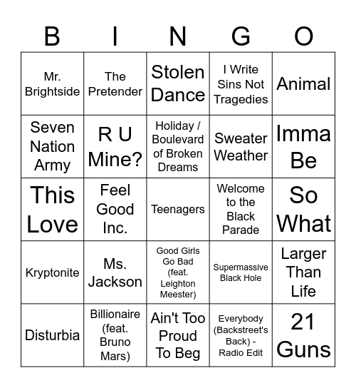 Music Bingo (Side B) Bingo Card