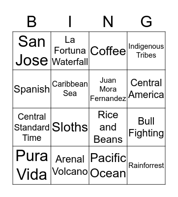 Costa Rica Bingo Card