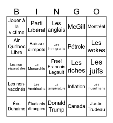 Air Quebec Bashing Bingo Card Bingo Card