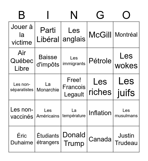 Air Quebec Bashing Bingo Card Bingo Card