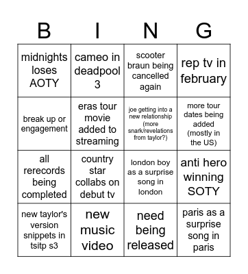 Taylor Swift : 2024 Bingo Card