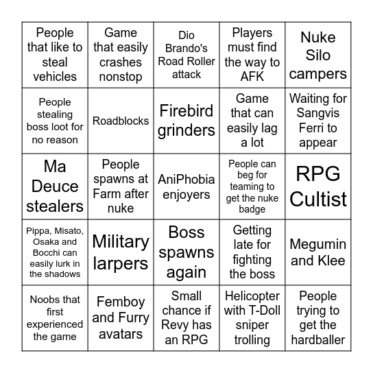 AniPhobia bingo Card