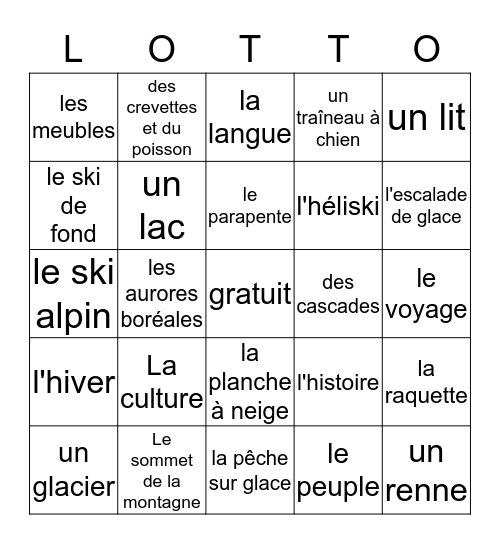 Destinations d'hiver Bingo Card