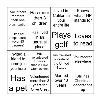 Olive Crest Volunteer Ice Breaker Bingo Card