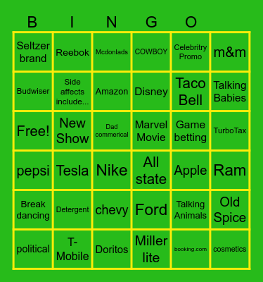 SuperBowl Commerical Bingo Card