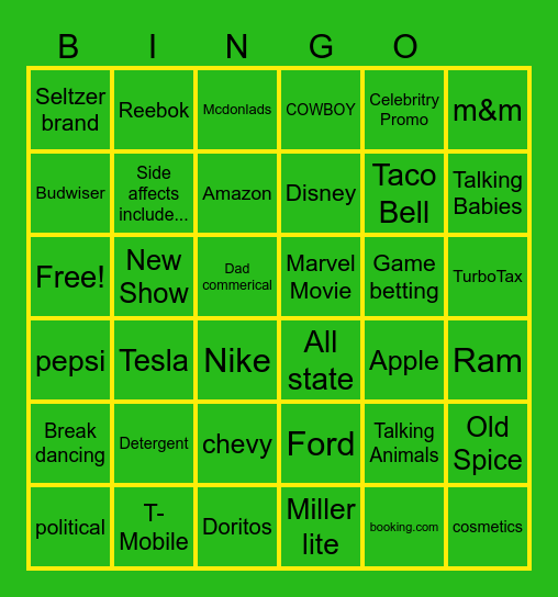 SuperBowl Commerical Bingo Card