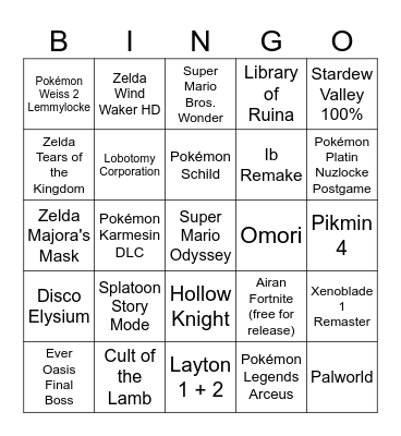 Aria Gamer 2024 Bingo Card