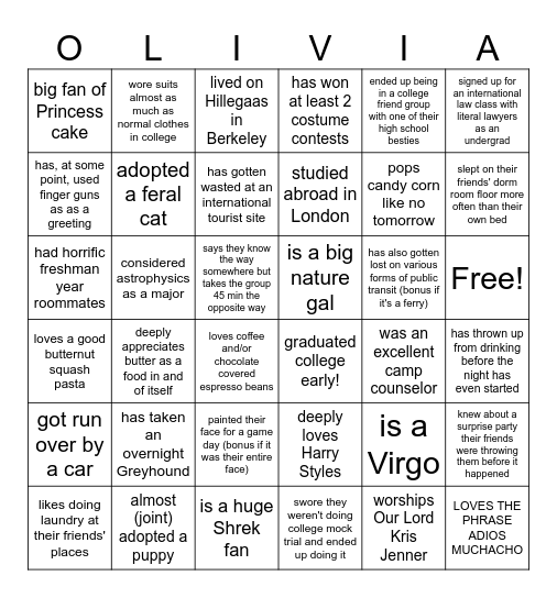 Olivia Bingo! Find Someone Who.. Bingo Card