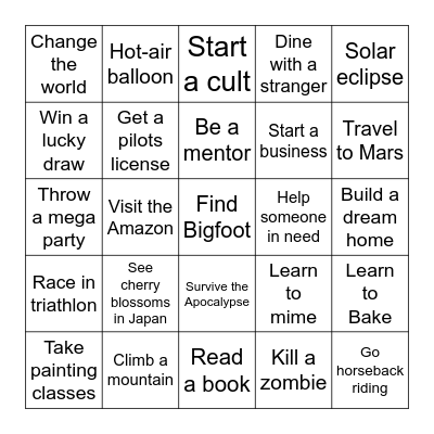 Things to do before the End of the World Bingo Card