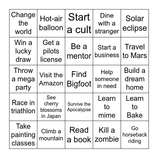 Things to do before the End of the World Bingo Card