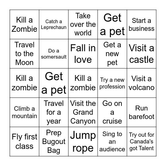 Things to do Before End of the World Bingo Card