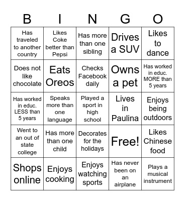 Staff Scavenger Hunt Bingo Card