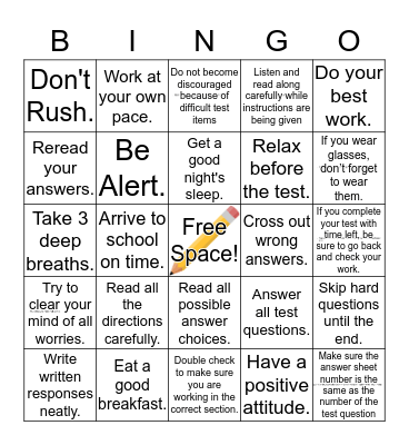 Test Taking Skills  Bingo Card
