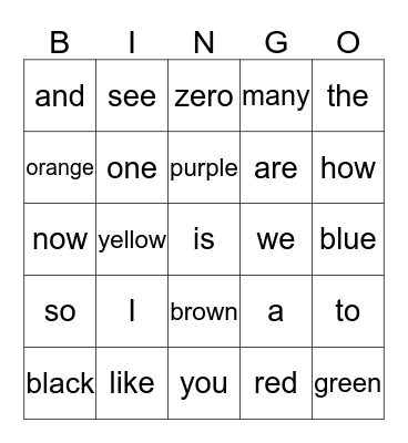 Sight Words Bingo Card