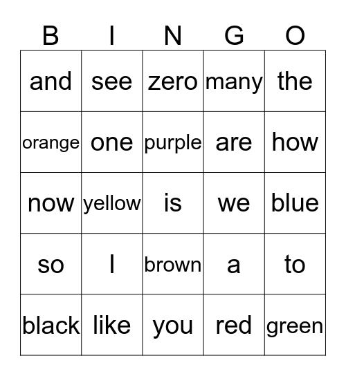 Sight Words Bingo Card