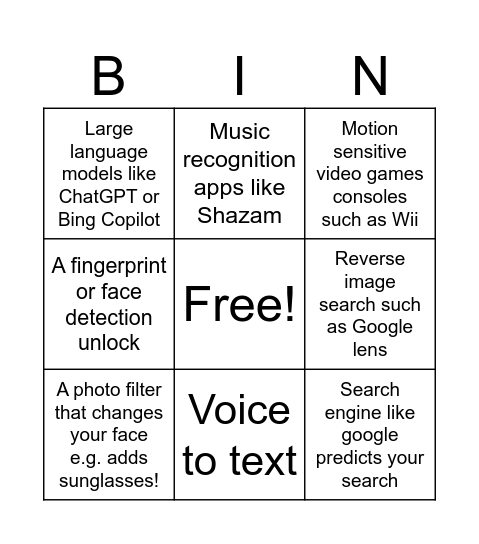 Artificial Intelligence Bingo Card