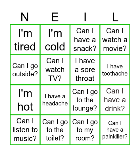 Neil's Word Card Bingo Card