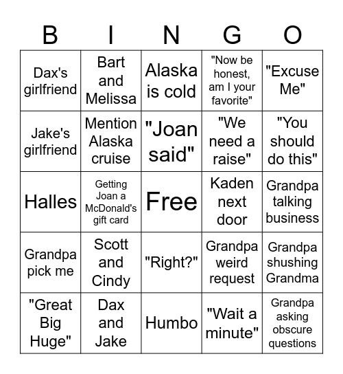 Grandparents Bingo Card