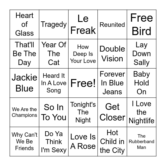 Oldies 1975 to 1979 TWO Bingo Card