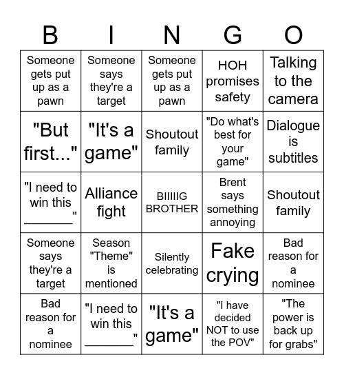 Big Brother S23 Bingo Card