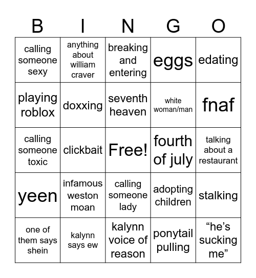 Sinjin Bingo Card