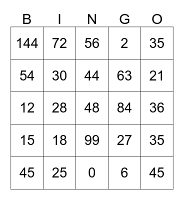 Multiplication Bingo Card