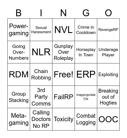 Rule Break Bingo Card