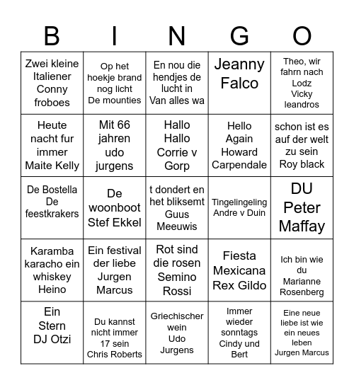 Schlager en Hollandse feest nummers Bingo Card