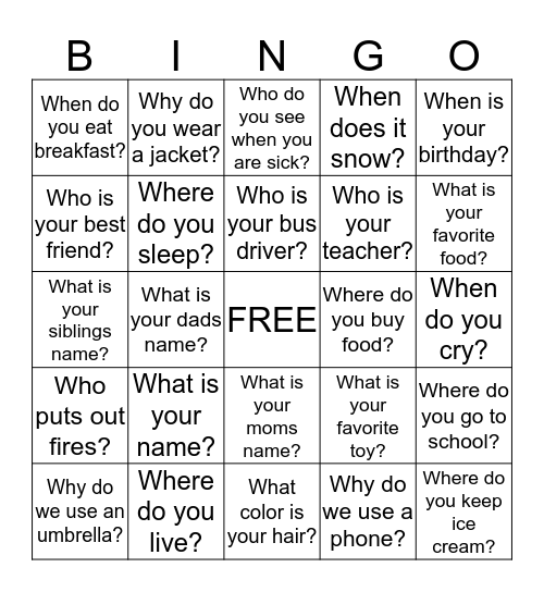 WH- Questions Bingo Card