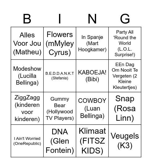 Kids muziek Bingo Card