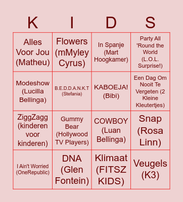 Kids muziek Bingo Card