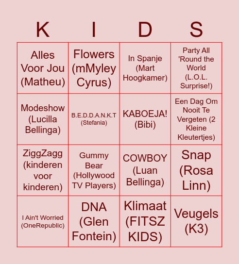 Kids muziek Bingo Card