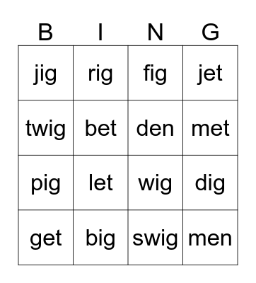 Word Family Bingo  Bingo Card