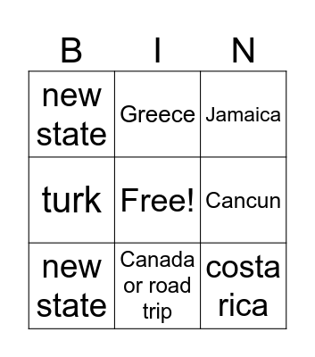 travel Bingo Card