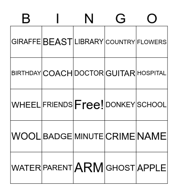 NOUN Bingo Card