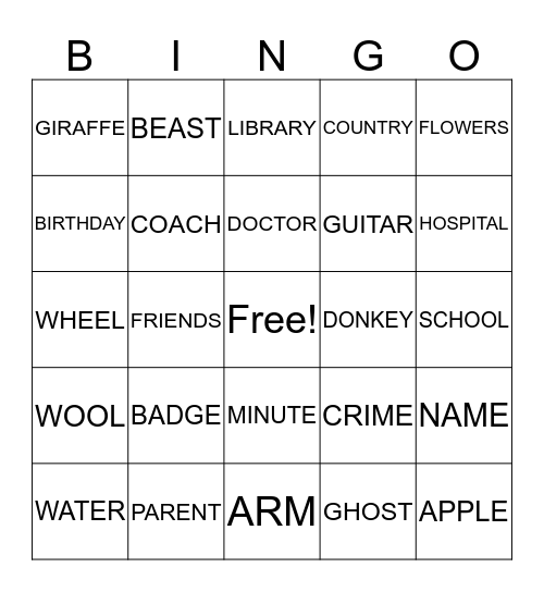 NOUN Bingo Card